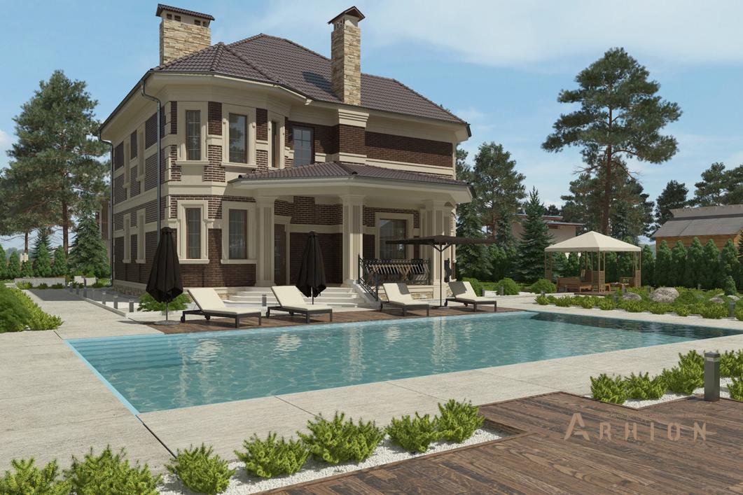 2. Проект двухэтажного дома в современном стиле с многоскатной кровлей, cp-88-44, площадью - 284 кв c терассой, эркером