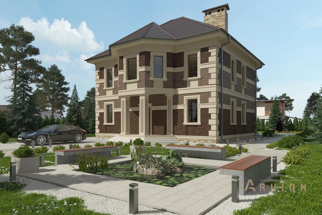 1. Проект двухэтажного дома в современном стиле с многоскатной кровлей, cp-88-44, площадью - 284 кв c терассой, эркером