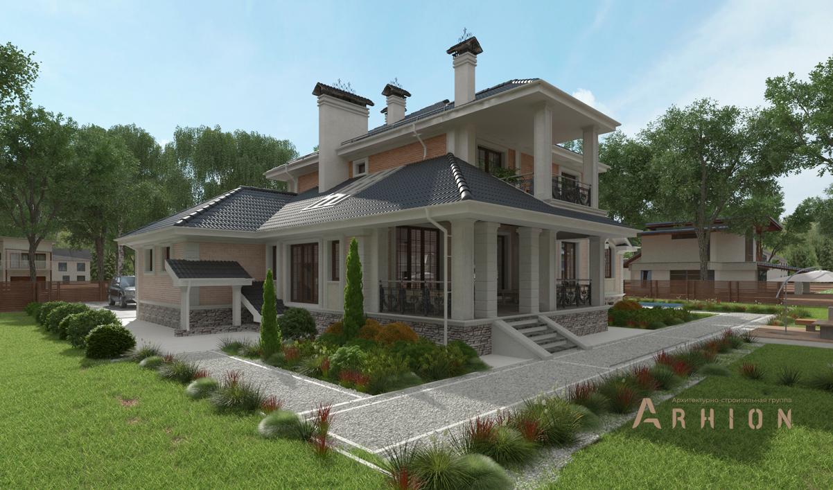 2. Проект двухэтажного дома в современном классическом стиле с многоскатной кровлей, cp-88-52, площадью - 309 кв c терассой, балконом, гаражом