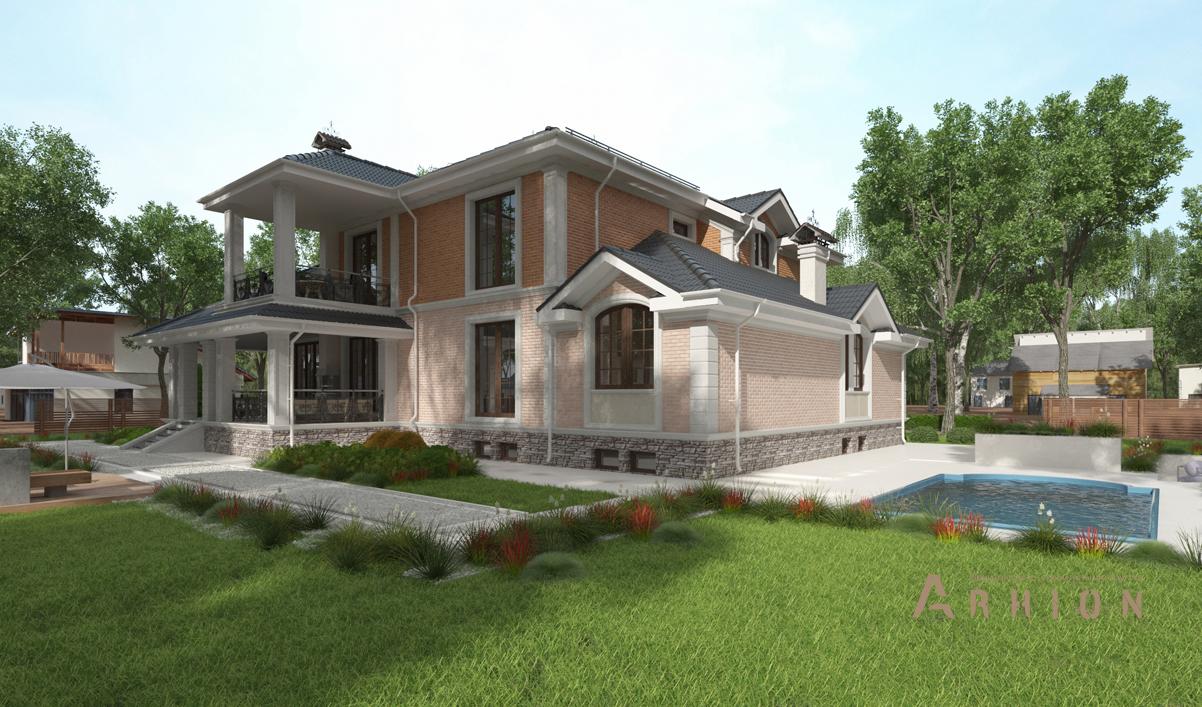 3. Проект двухэтажного дома в современном классическом стиле с многоскатной кровлей, cp-88-52, площадью - 309 кв c терассой, балконом, гаражом