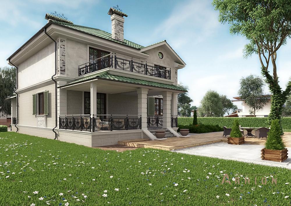 4. Проект двухэтажного дома в английском стиле с четырехскатной, cp-88-55, площадью - 324 кв c цокольным этажом, сауной, терассой, балконом, гаражом