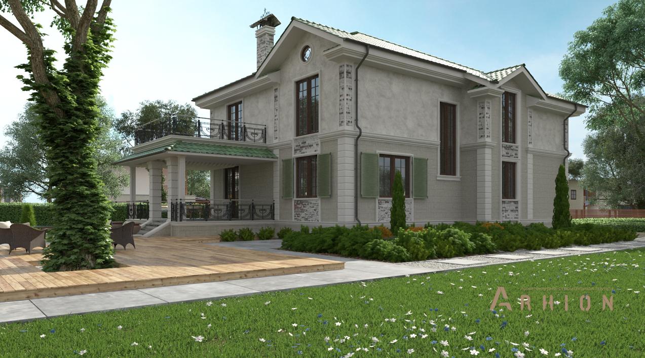 5. Проект двухэтажного дома в английском стиле с четырехскатной, cp-88-55, площадью - 324 кв c цокольным этажом, сауной, терассой, балконом, гаражом