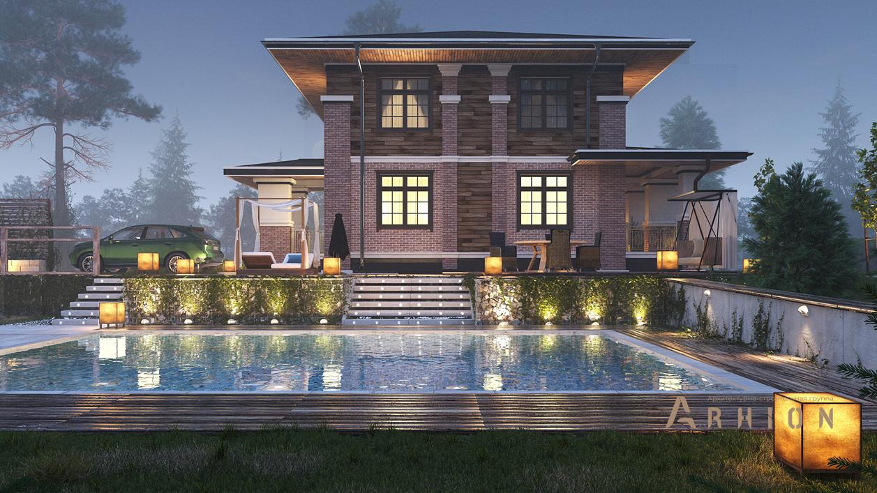 2. Проект двухэтажного дома в стиле Ллойда Райта (прерий) с четырехскатной, cp-88-58, площадью - 411 кв c цокольным этажом, сауной, терассой