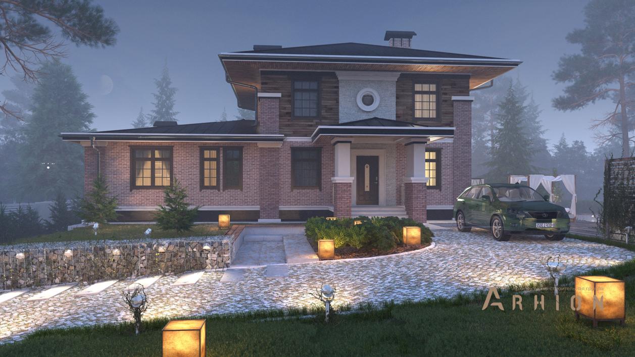 1. Проект двухэтажного дома в стиле Ллойда Райта (прерий) с четырехскатной, cp-88-58, площадью - 411 кв c цокольным этажом, сауной, терассой