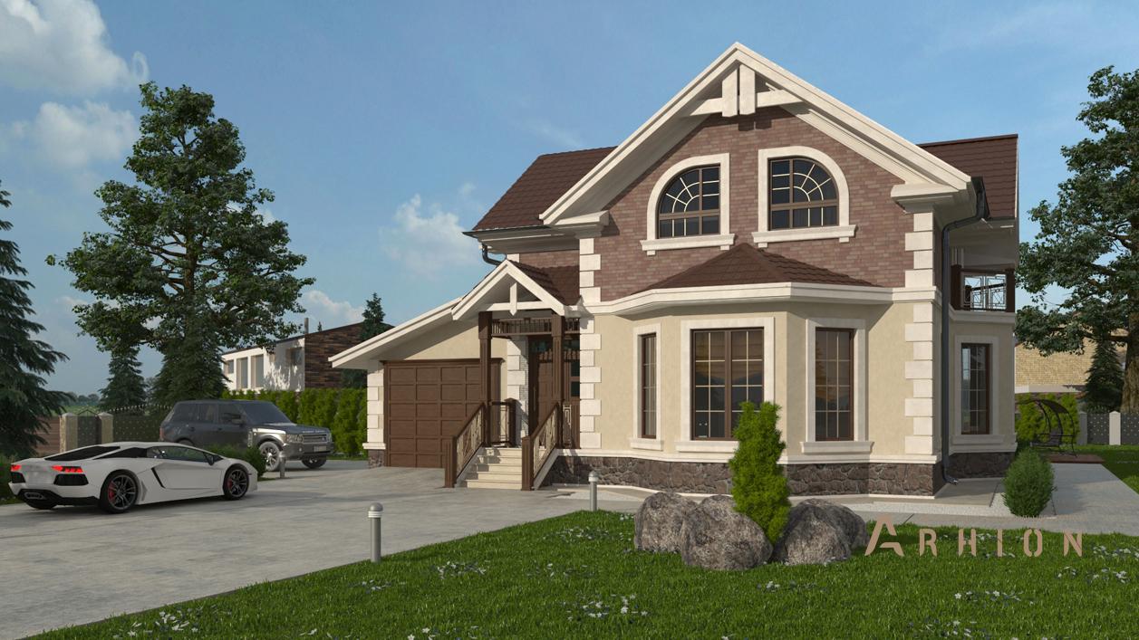 1. Проект одноэтажного дома в альпийском стиле с двускатной кровлей, cp-88-60, площадью - 256 кв c цокольным этажом, мансардой, сауной, балконом, гаражом, эркером