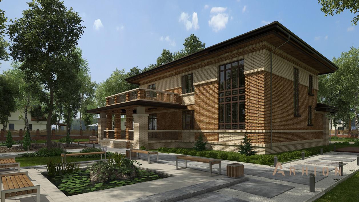 2. Проект двухэтажного дома в стиле Ллойда Райта (прерий) с четырехскатной, cp-88-65, площадью - 415 кв c цокольным этажом, сауной, терассой, балконом, вторым светом