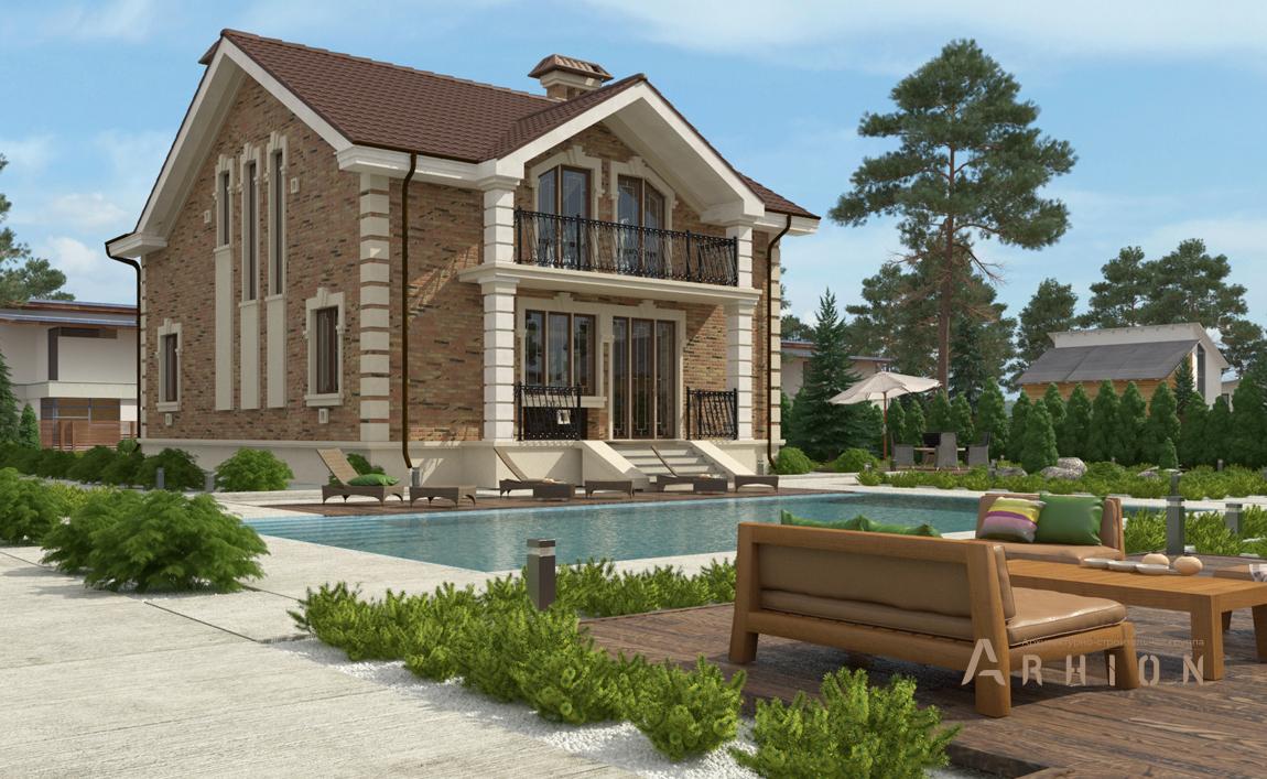 2. Проект одноэтажного дома в современном классическом стиле с многоскатной кровлей, cp-88-76, площадью - 291 кв c цокольным этажом, мансардой, терассой, балконом