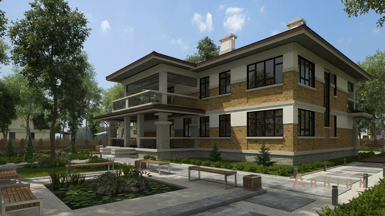 2. Проект двухэтажного дома в стиле Ллойда Райта (прерий) с четырехскатной, cp-88-81, площадью - 590 кв c цокольным этажом, сауной, терассой, балконом, вторым светом