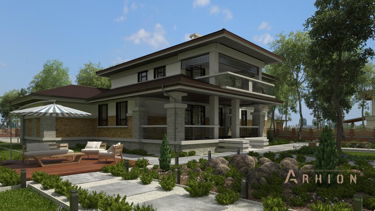 3. Проект двухэтажного дома в стиле Ллойда Райта (прерий) с четырехскатной, cp-88-81, площадью - 590 кв c цокольным этажом, сауной, терассой, балконом, вторым светом