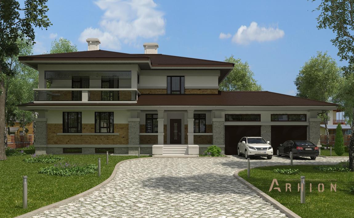 1. Проект двухэтажного дома в стиле Ллойда Райта (прерий) с четырехскатной, cp-88-81, площадью - 590 кв c цокольным этажом, сауной, терассой, балконом, вторым светом