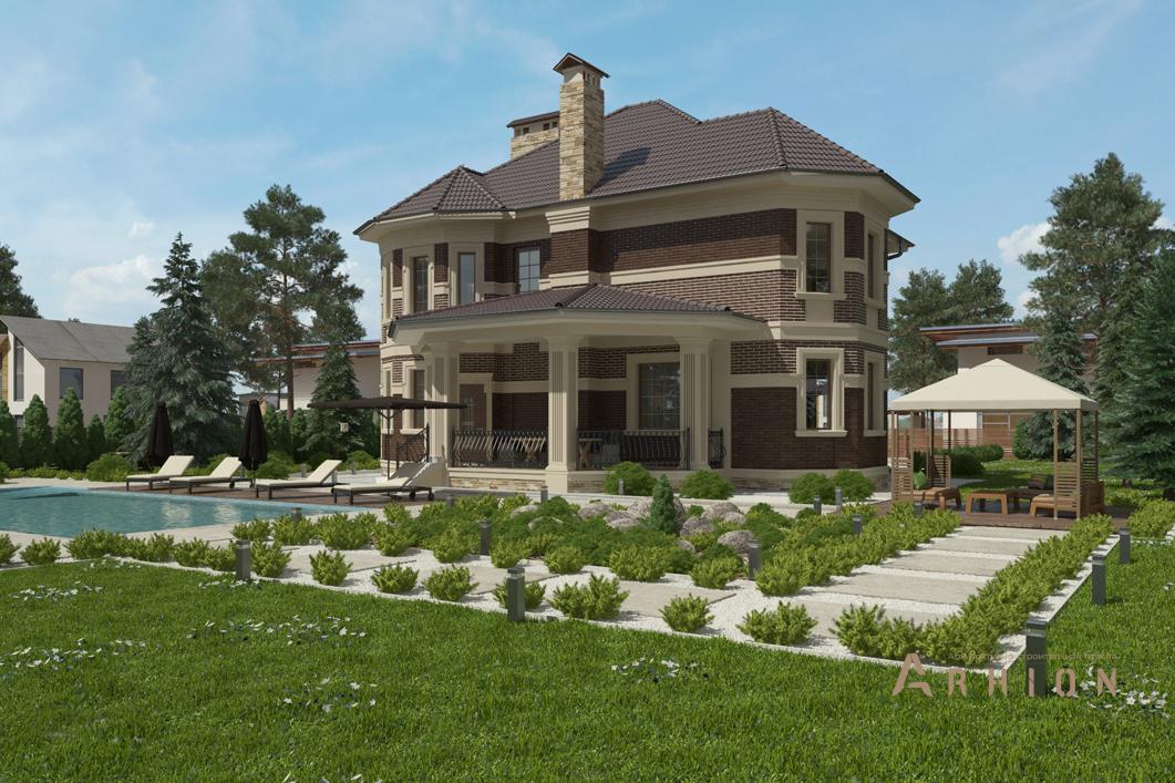 3. Проект двухэтажного дома в современном классическом стиле с четырехскатной, cp-88-83, площадью - 349 кв c цокольным этажом, сауной, терассой, бассейном, эркером