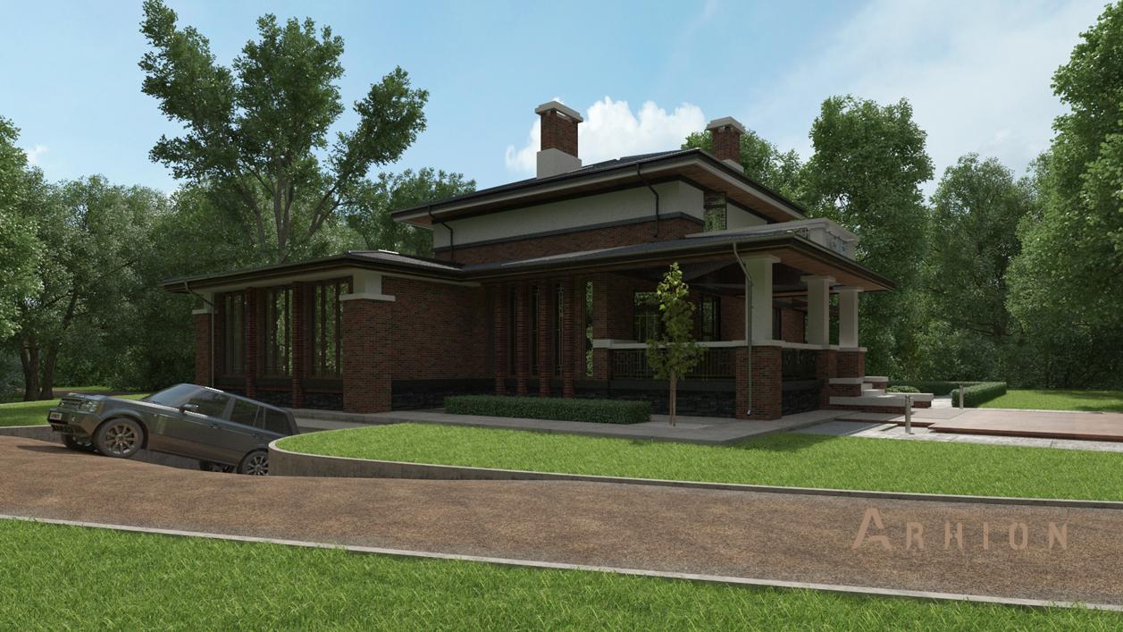 3. Проект двухэтажного дома в стиле Ллойда Райта (прерий) с многоскатной кровлей, cp-88-93, площадью - 338 кв c мансардой, терассой, балконом, гаражом, вторым светом