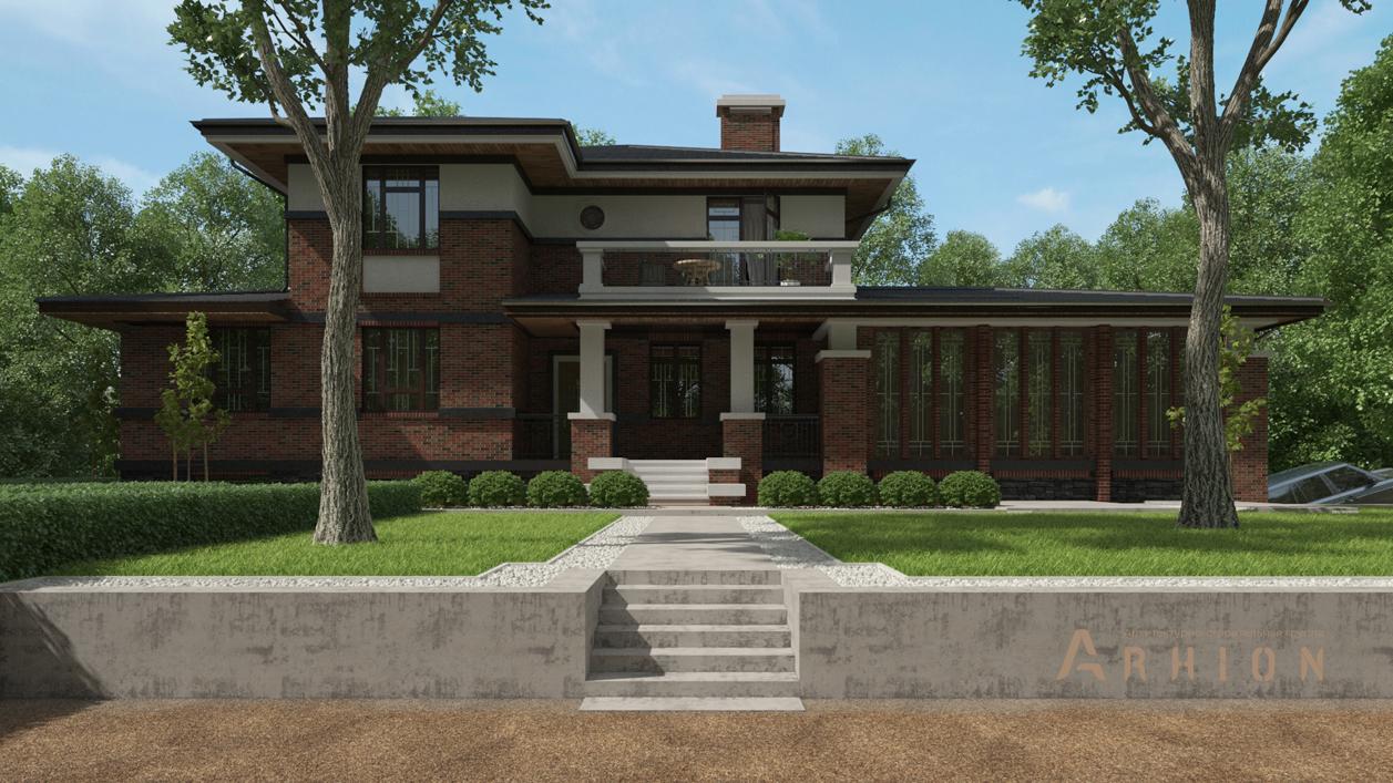 1. Проект двухэтажного дома в стиле Ллойда Райта (прерий) с многоскатной кровлей, cp-88-93, площадью - 338 кв c мансардой, терассой, балконом, гаражом, вторым светом