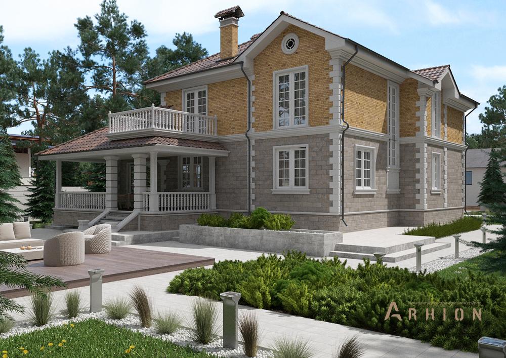 2. Проект двухэтажного дома в английском стиле с многоскатной кровлей, cp-89-12, площадью - 237 кв c терассой, балконом, гаражом