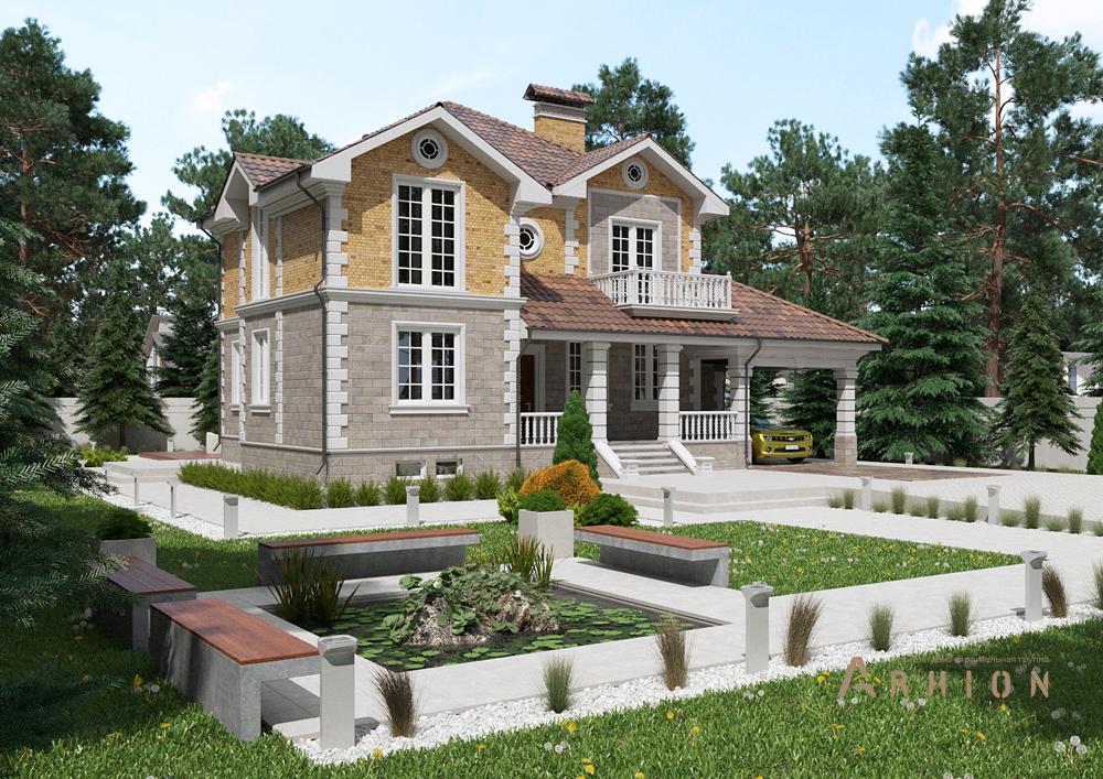 1. Проект двухэтажного дома в английском стиле с многоскатной кровлей, cp-89-12, площадью - 237 кв c терассой, балконом, гаражом