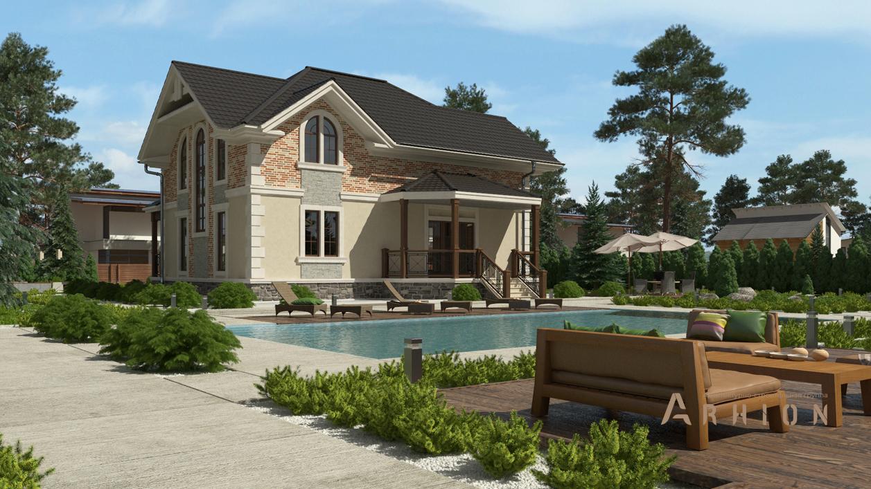 2. Проект одноэтажного дома в альпийском стиле с многоскатной кровлей, cp-89-21, площадью - 284 кв c цокольным этажом, мансардой, сауной, терассой, балконом, эркером