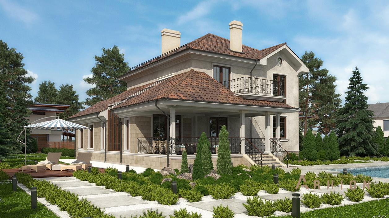 3. Проект двухэтажного дома в английском стиле с многоскатной кровлей, cp-89-23, площадью - 245 кв c цокольным этажом, сауной, терассой, балконом