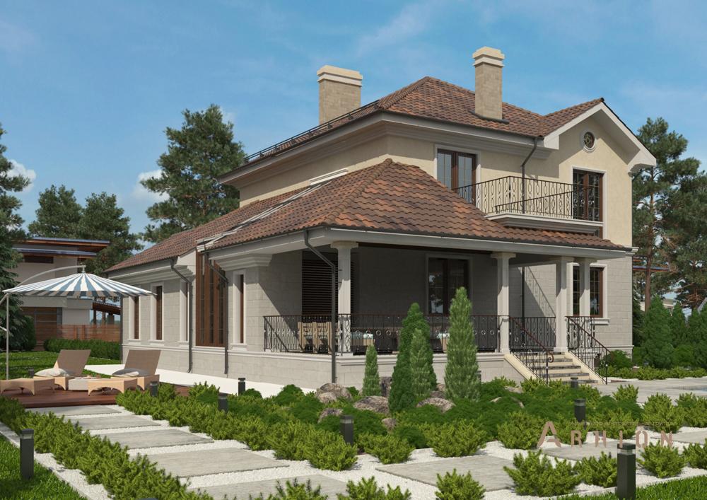 6. Проект двухэтажного дома в английском стиле с многоскатной кровлей, cp-89-23, площадью - 245 кв c цокольным этажом, сауной, терассой, балконом