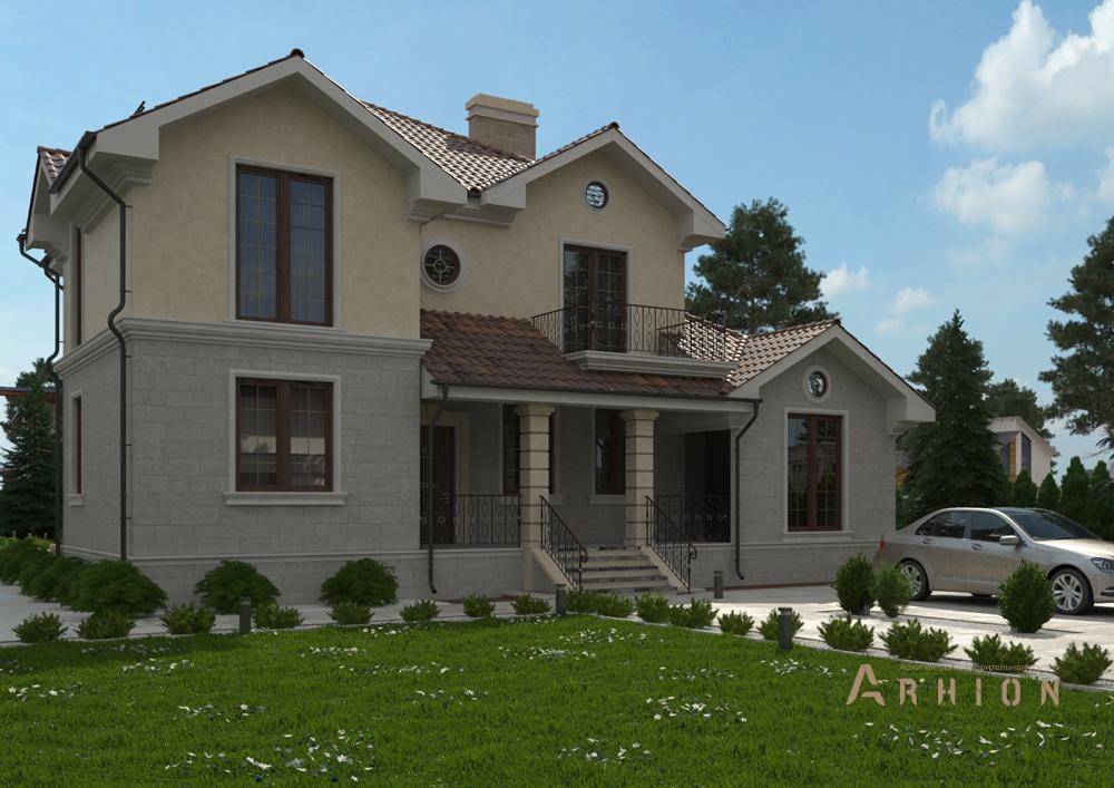 1. Проект двухэтажного дома в английском стиле с многоскатной кровлей, cp-89-23, площадью - 245 кв c цокольным этажом, сауной, терассой, балконом