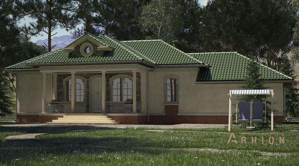 2. Проект одноэтажного дома в классическом стиле с четырехскатной, cp-89-24, площадью - 262 кв c цокольным этажом, сауной, терассой, балконом, бассейном