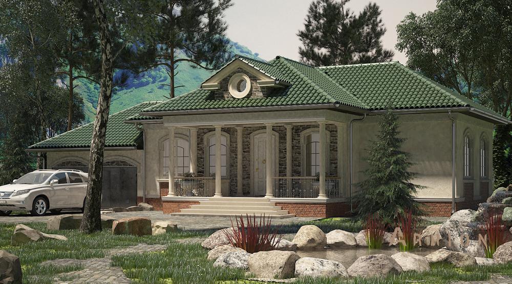 1. Проект одноэтажного дома в современном классическом стиле с многоскатной кровлей, cp-89-26, площадью - 282 кв c цокольным этажом, сауной, терассой, гаражом, бассейном, эркером