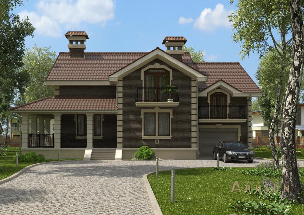 1. Проект одноэтажного дома в английском стиле с многоскатной кровлей, cp-89-51, площадью - 248 кв c цокольным этажом, мансардой, сауной, терассой, балконом, гаражом