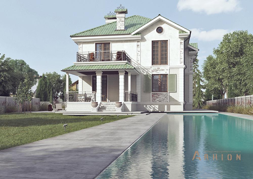 2. Проект двухэтажного дома в английском стиле с четырехскатной, cp-89-54, площадью - 275 кв c цокольным этажом, сауной, терассой, балконом, гаражом