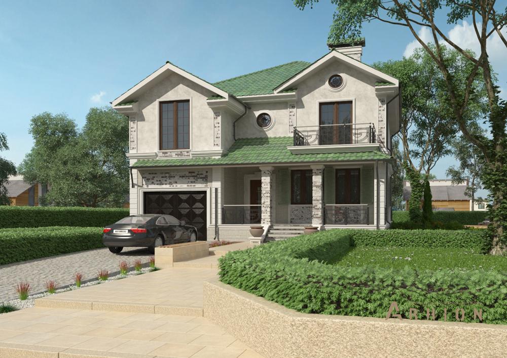 1. Проект двухэтажного дома в английском стиле с четырехскатной, cp-89-54, площадью - 275 кв c цокольным этажом, сауной, терассой, балконом, гаражом