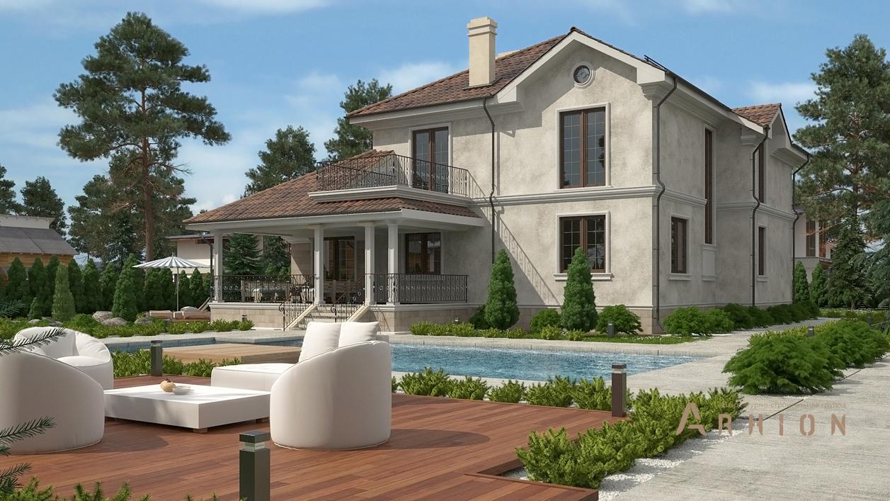 2. Проект двухэтажного дома в американском стиле с многоскатной кровлей, cp-89-69, площадью - 389 кв c цокольным этажом, сауной, терассой, балконом