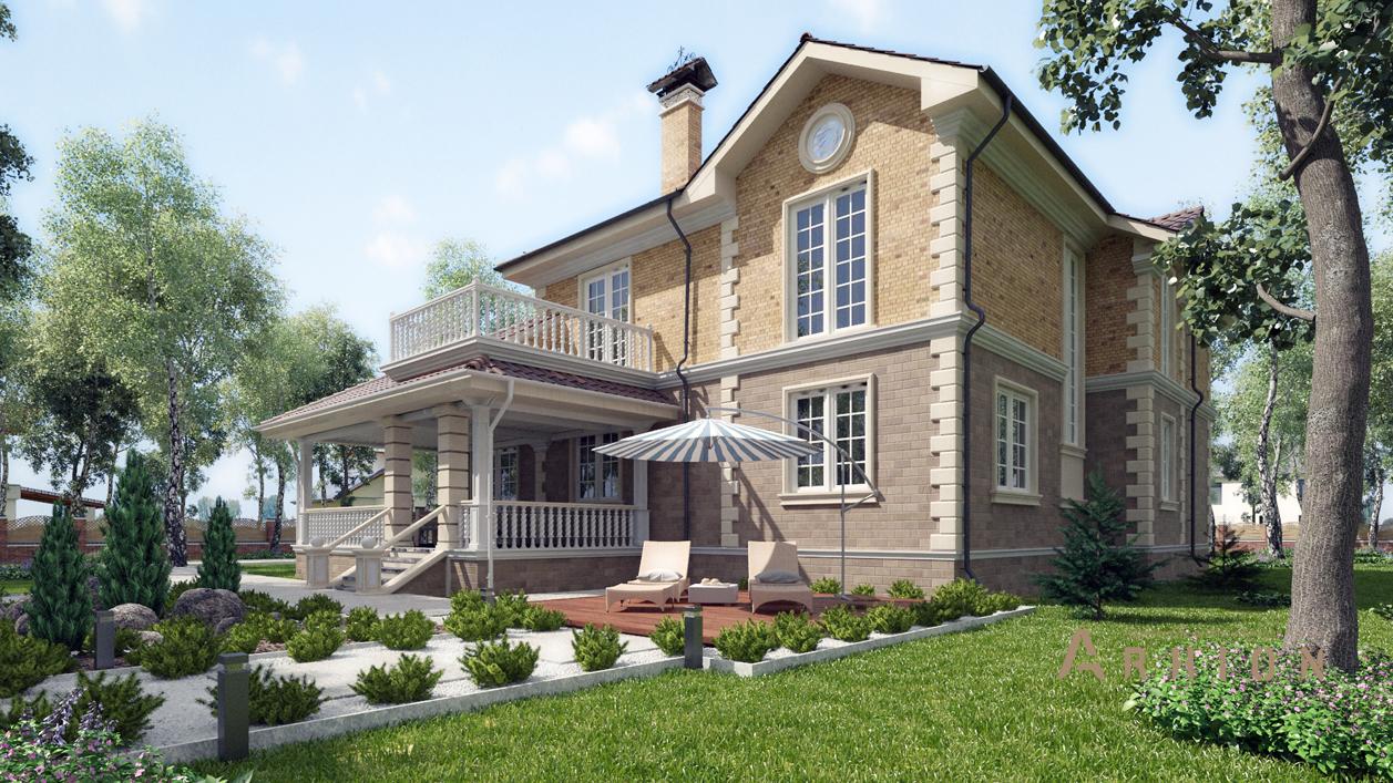 6. Проект двухэтажного дома в американском стиле с многоскатной кровлей, cp-89-69, площадью - 389 кв c цокольным этажом, сауной, терассой, балконом