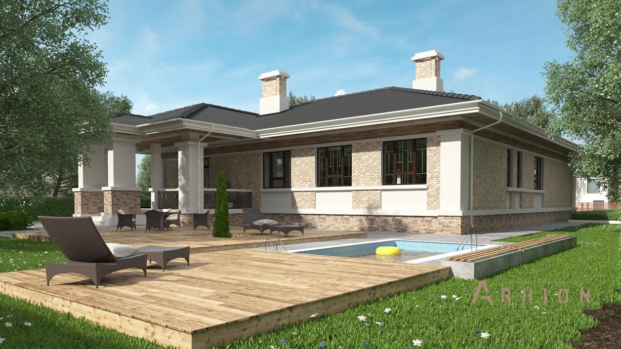 3. Проект одноэтажного дома в стиле Ллойда Райта (прерий) с многоскатной кровлей, cp-90-03, площадью - 237 кв c терассой, гаражом