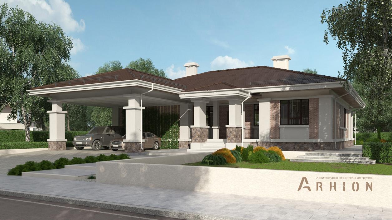 1. Проект одноэтажного дома в стиле Ллойда Райта (прерий) с четырехскатной, cp-90-04, площадью - 192 кв c терассой, гаражом