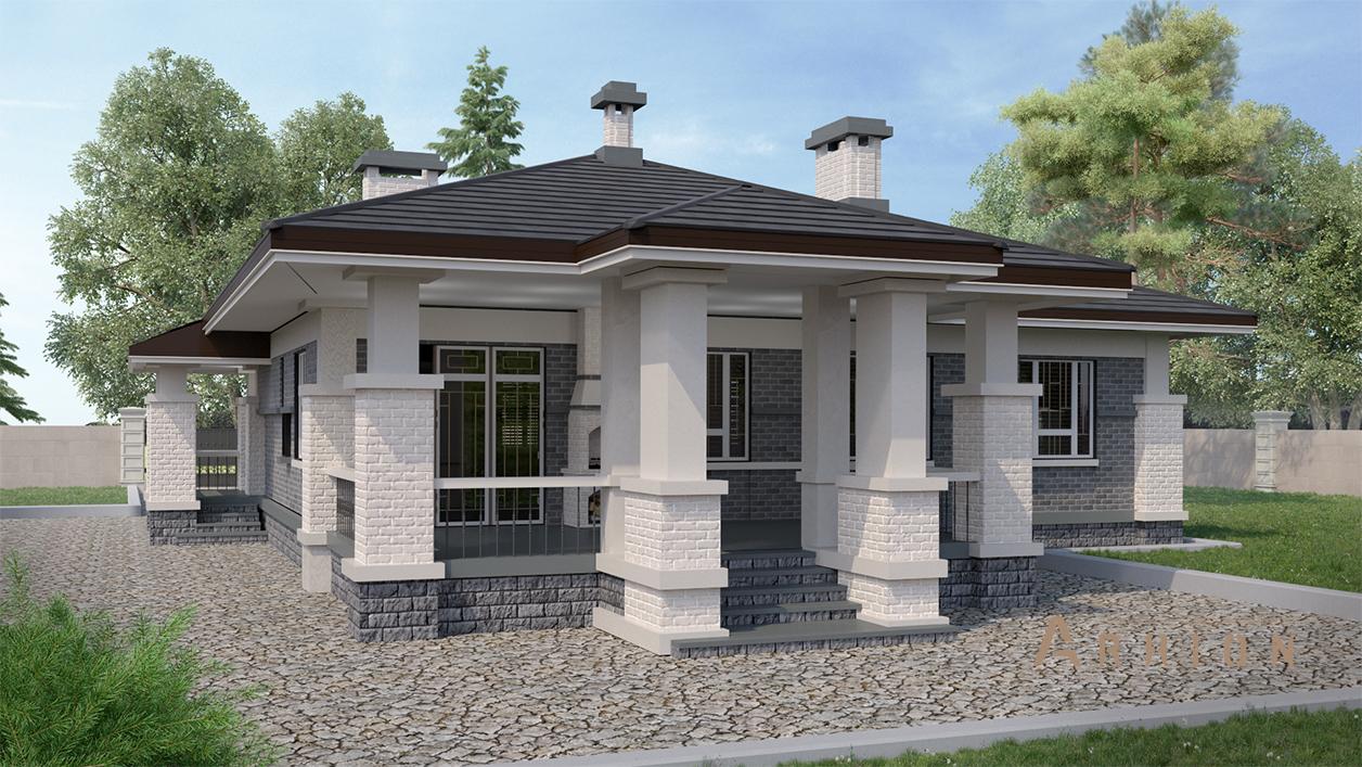 3. Проект одноэтажного дома в стиле Ллойда Райта (прерий) с четырехскатной, cp-90-09, площадью - 147 кв c терассой