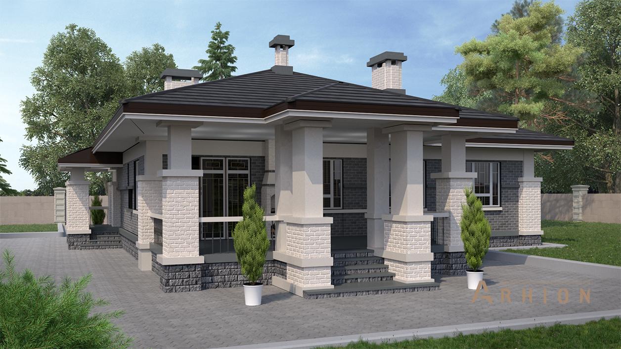 3. Проект одноэтажного дома в стиле Ллойда Райта (прерий) с многоскатной кровлей, cp-90-10, площадью - 191 кв c терассой, гаражом