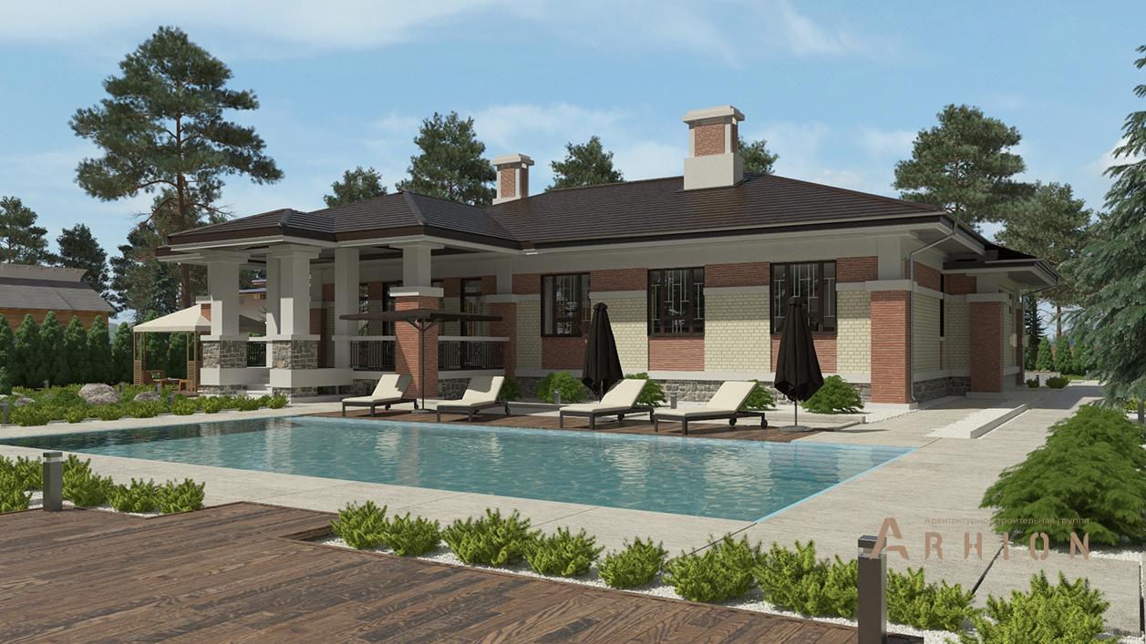 2. Проект одноэтажного дома в стиле Ллойда Райта (прерий) с многоскатной кровлей, cp-90-11, площадью - 203 кв c терассой, гаражом