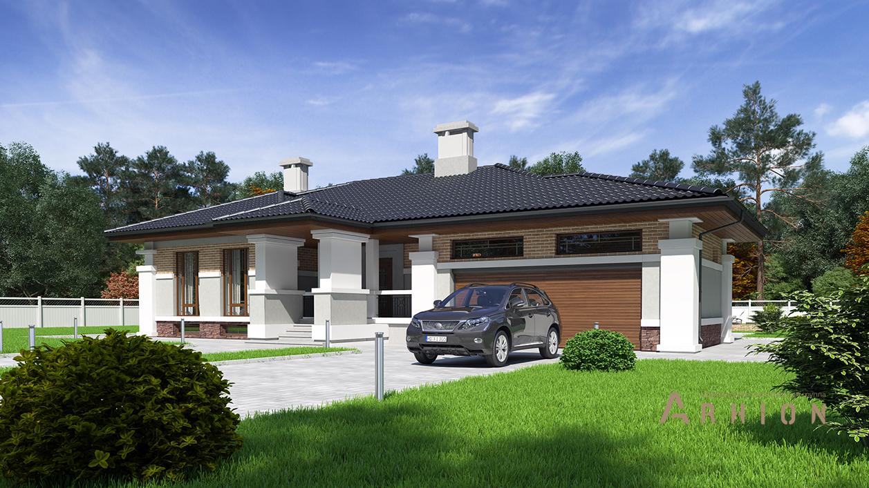 2. Проект одноэтажного дома в стиле Ллойда Райта (прерий) с многоскатной кровлей, cp-90-12, площадью - 216 кв c терассой, гаражом