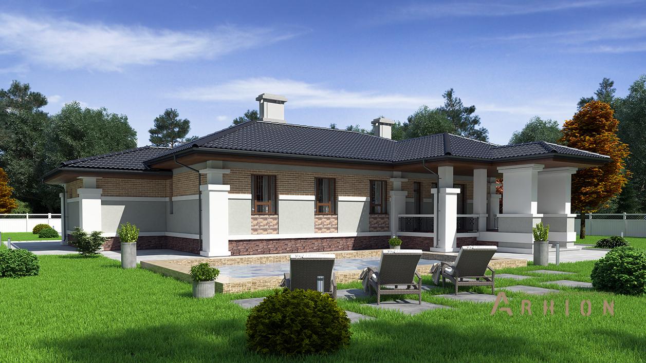 3. Проект одноэтажного дома в стиле Ллойда Райта (прерий) с многоскатной кровлей, cp-90-12, площадью - 216 кв c терассой, гаражом