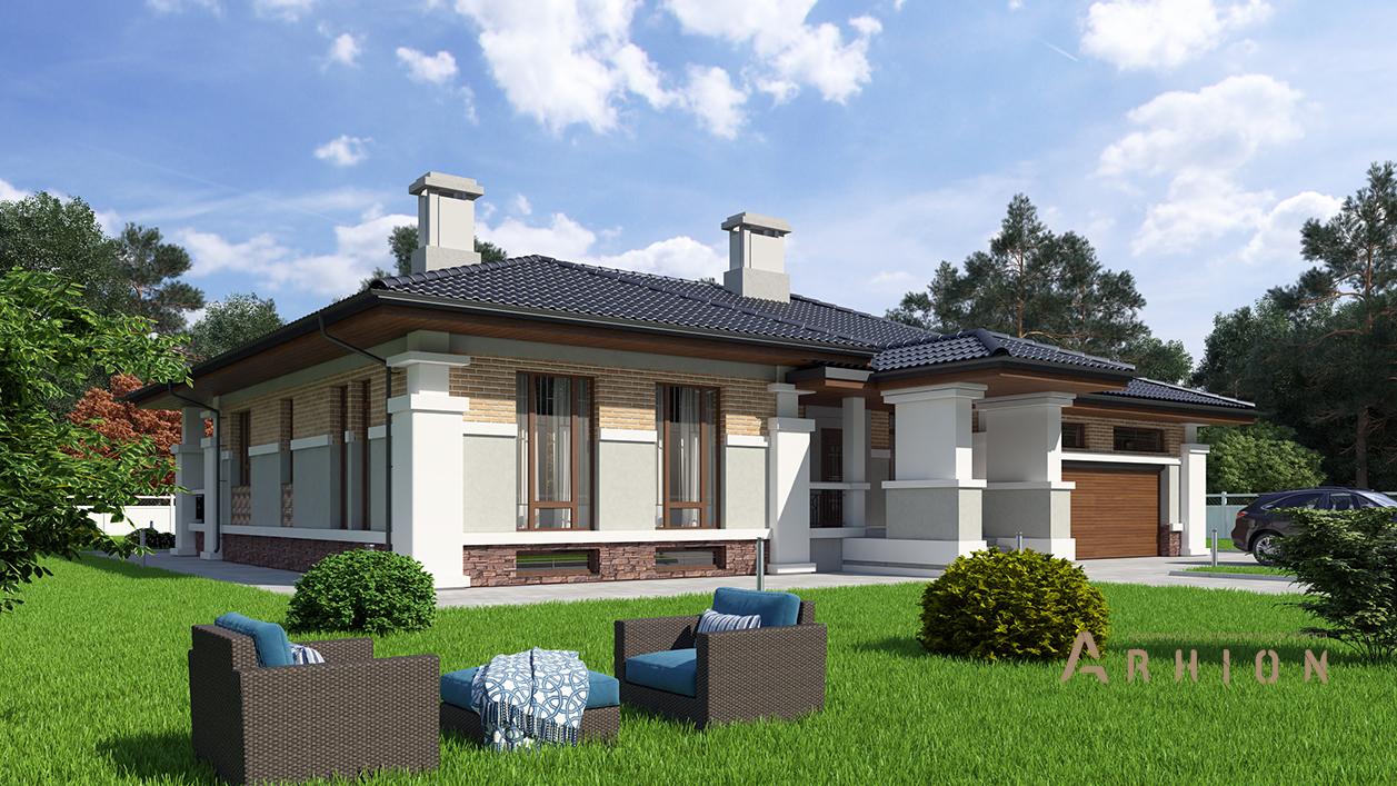 1. Проект одноэтажного дома в стиле Ллойда Райта (прерий) с многоскатной кровлей, cp-90-12, площадью - 216 кв c терассой, гаражом