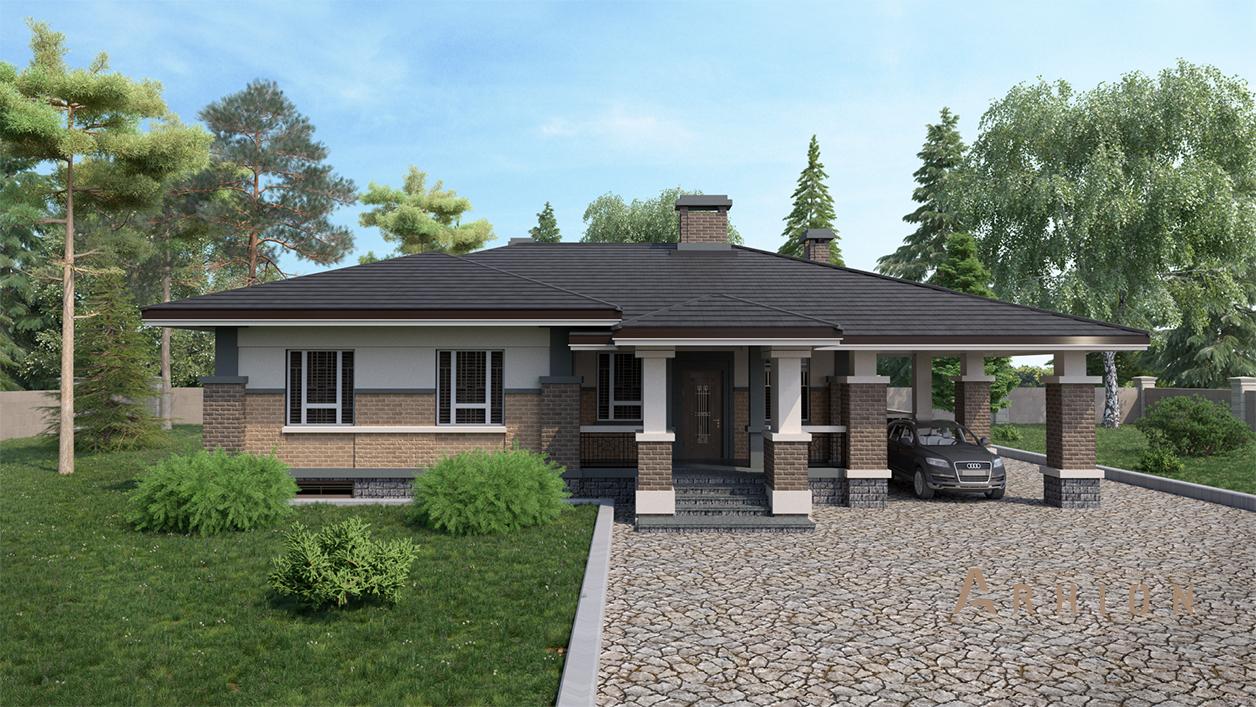 1. Проект одноэтажного дома в стиле Ллойда Райта (прерий) с четырехскатной, cp-90-13, площадью - 147 кв c сауной, терассой, гаражом