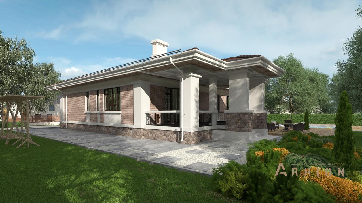 2. Проект одноэтажного дома в стиле Ллойда Райта (прерий) с четырехскатной, cp-91-04, площадью - 418 кв c цокольным этажом, сауной, терассой, бассейном