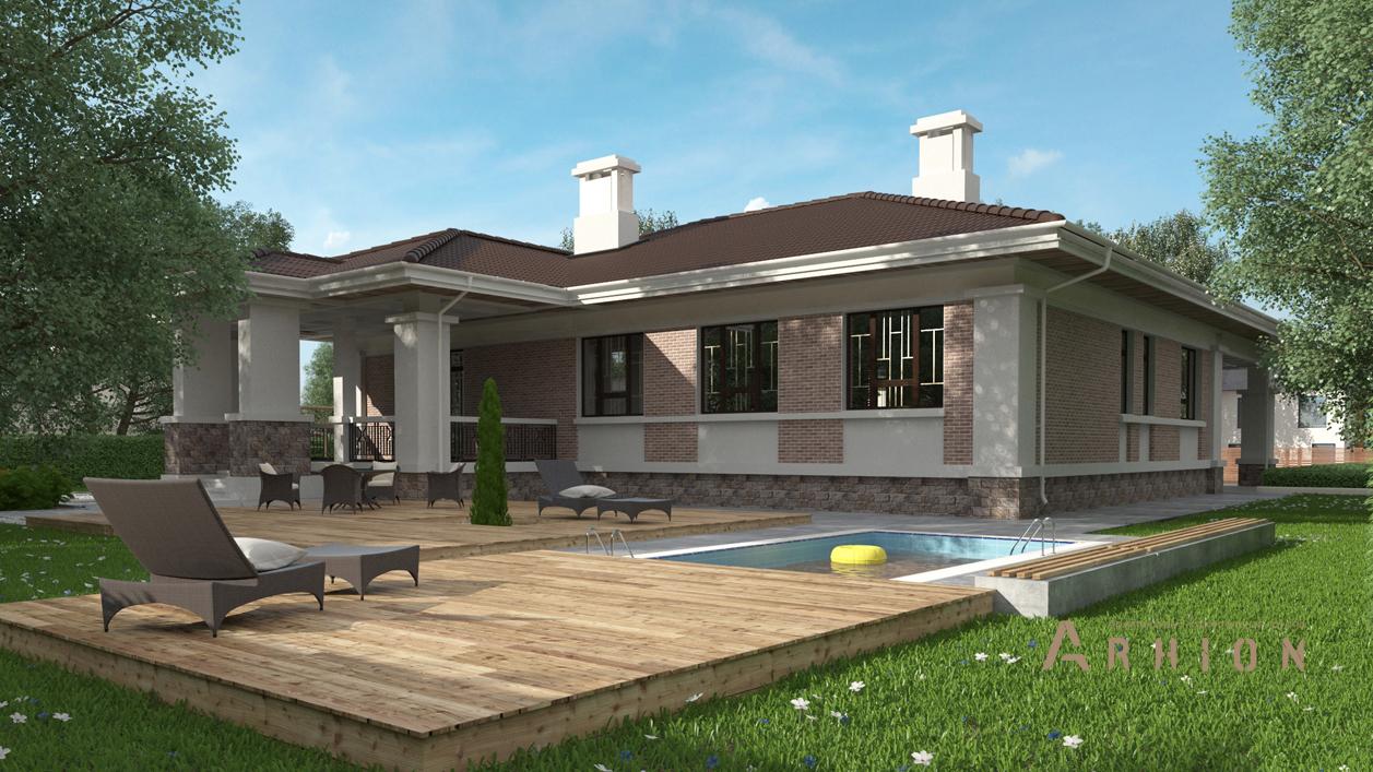 3. Проект одноэтажного дома в стиле Ллойда Райта (прерий) с четырехскатной, cp-91-04, площадью - 418 кв c цокольным этажом, сауной, терассой, бассейном