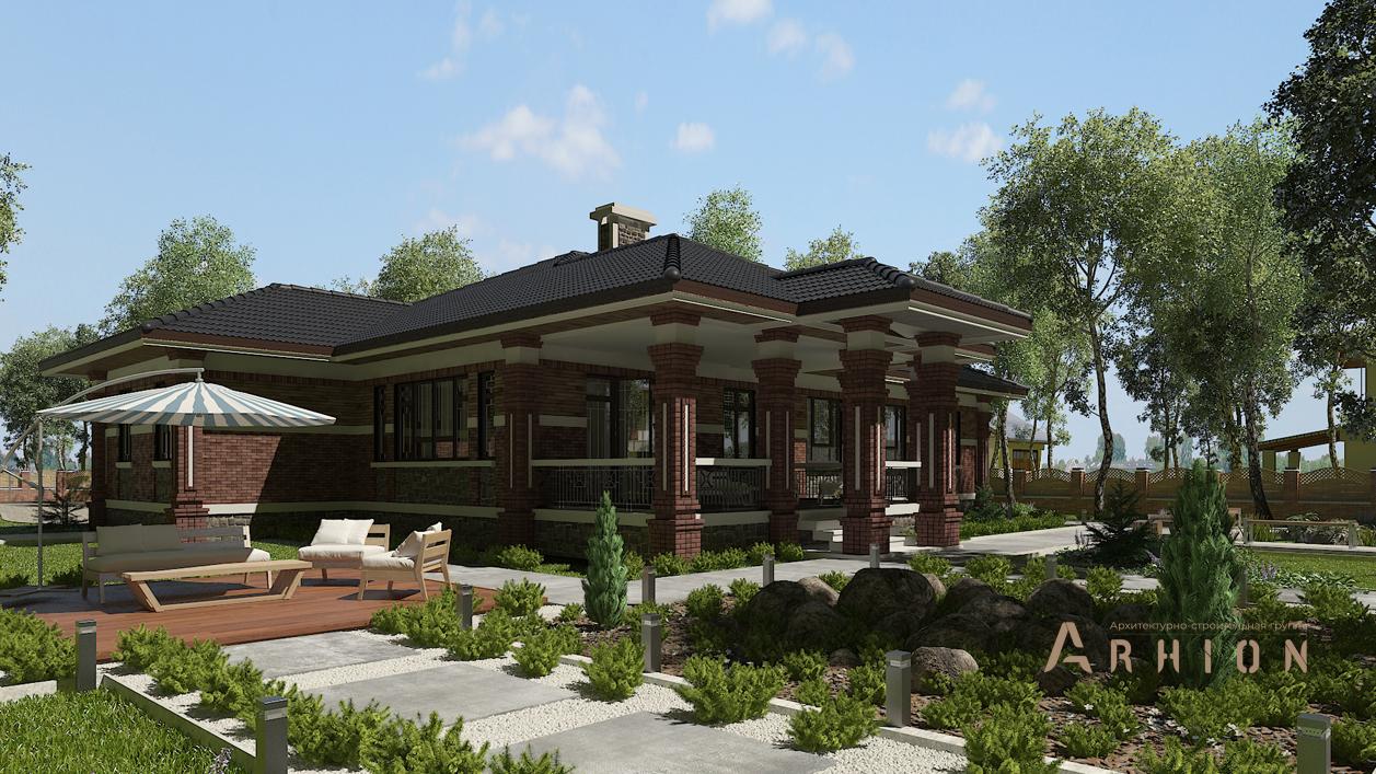 2. Проект одноэтажного дома в стиле Ллойда Райта (прерий) с многоскатной кровлей, cp-91-05, площадью - 475 кв c цокольным этажом, сауной, терассой, гаражом, бассейном