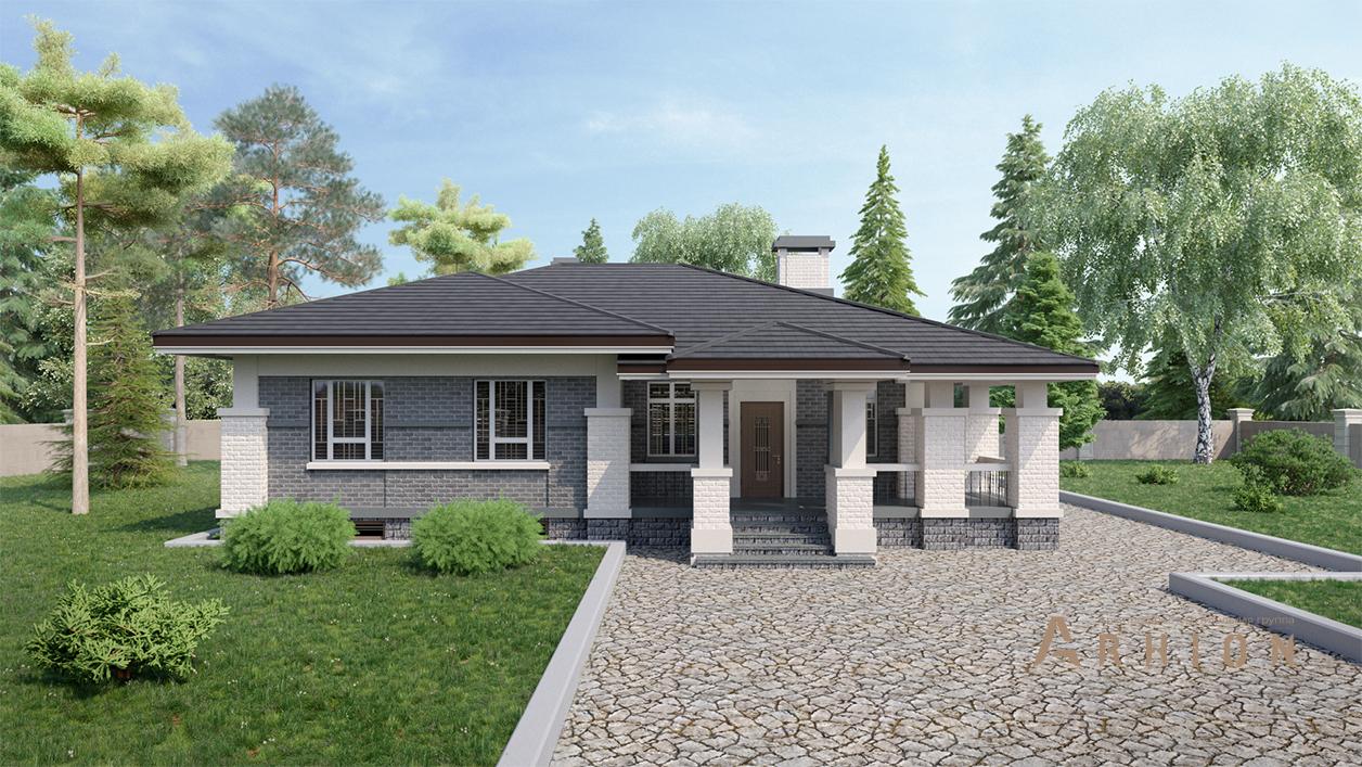 1. Проект одноэтажного дома в стиле Ллойда Райта (прерий) с четырехскатной, cp-91-09, площадью - 329 кв c цокольным этажом, сауной, терассой, бассейном