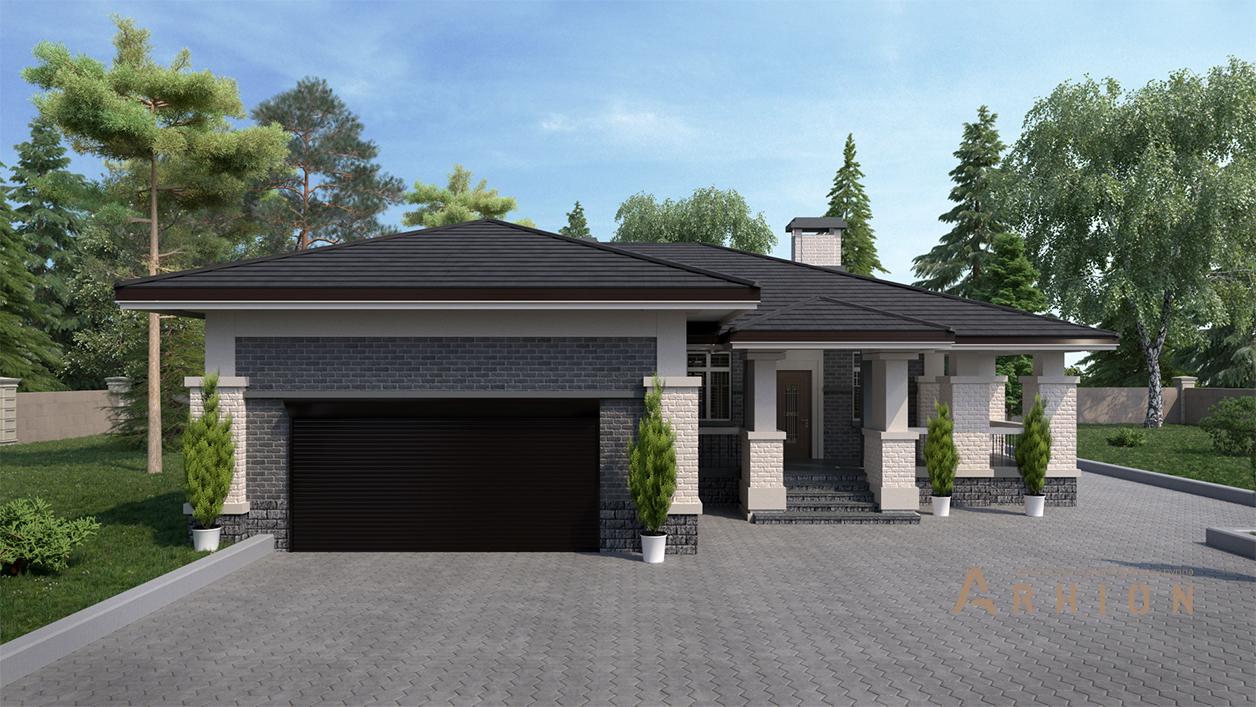 2. Проект одноэтажного дома в стиле Ллойда Райта (прерий) с многоскатной кровлей, cp-91-10, площадью - 374 кв c цокольным этажом, сауной, терассой, бассейном