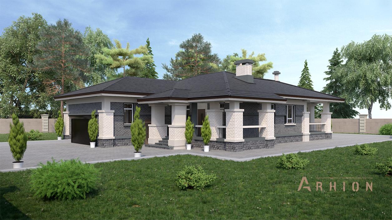 1. Проект одноэтажного дома в стиле Ллойда Райта (прерий) с многоскатной кровлей, cp-91-10, площадью - 374 кв c цокольным этажом, сауной, терассой, бассейном