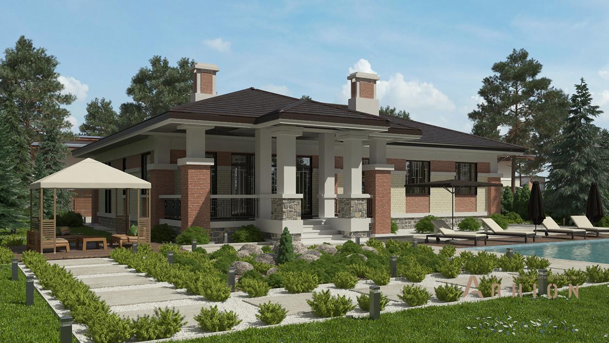 3. Проект одноэтажного дома в стиле Ллойда Райта (прерий) с четырехскатной, cp-91-11, площадью - 399 кв c цокольным этажом, сауной, терассой, гаражом