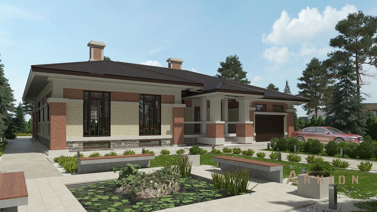 1. Проект одноэтажного дома в стиле Ллойда Райта (прерий) с четырехскатной, cp-91-11, площадью - 399 кв c цокольным этажом, сауной, терассой, гаражом