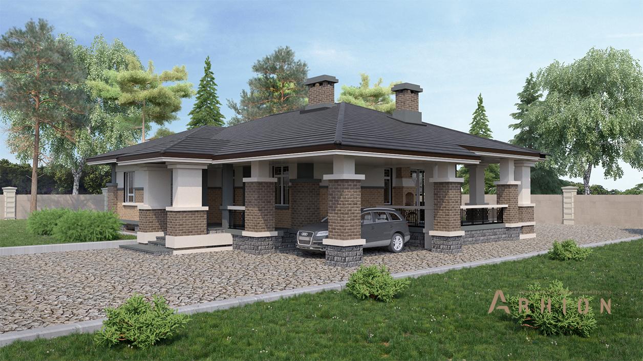 2. Проект одноэтажного дома в стиле Ллойда Райта (прерий) с четырехскатной, cp-91-13, площадью - 318 кв c цокольным этажом, сауной, терассой, гаражом, бассейном