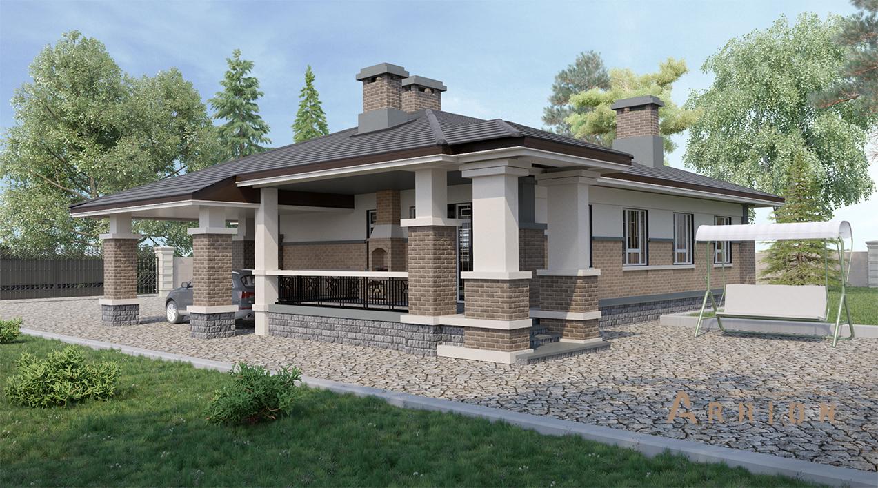 3. Проект одноэтажного дома в стиле Ллойда Райта (прерий) с четырехскатной, cp-91-13, площадью - 318 кв c цокольным этажом, сауной, терассой, гаражом, бассейном