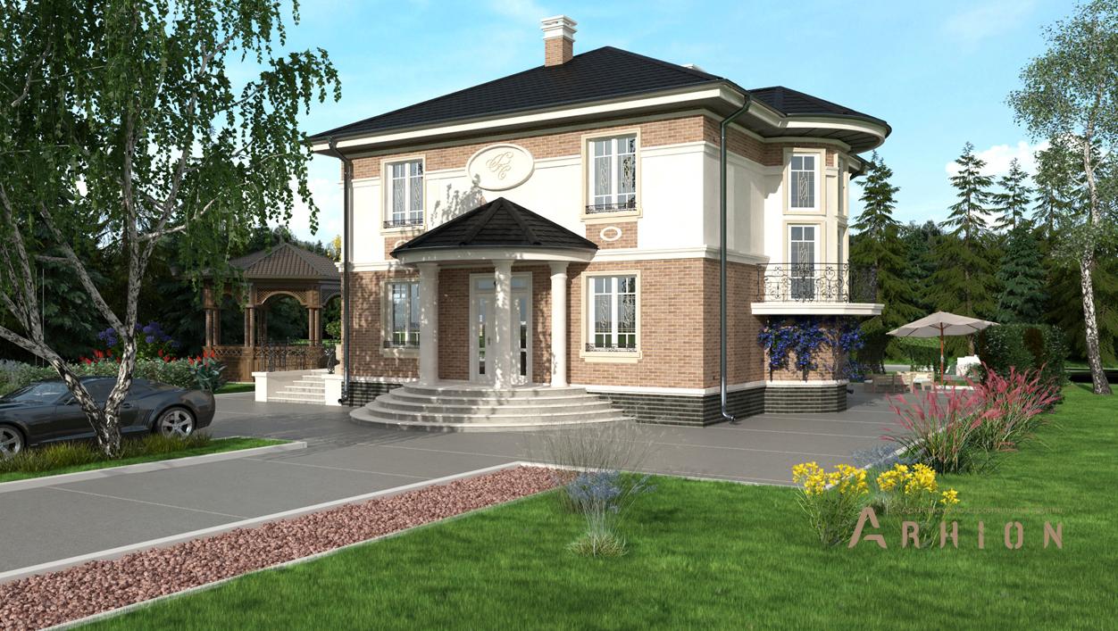 1. Проект двухэтажного дома в современном классическом стиле с многоскатной кровлей, cp-92-07, площадью - 150 кв c терассой, балконом, эркером